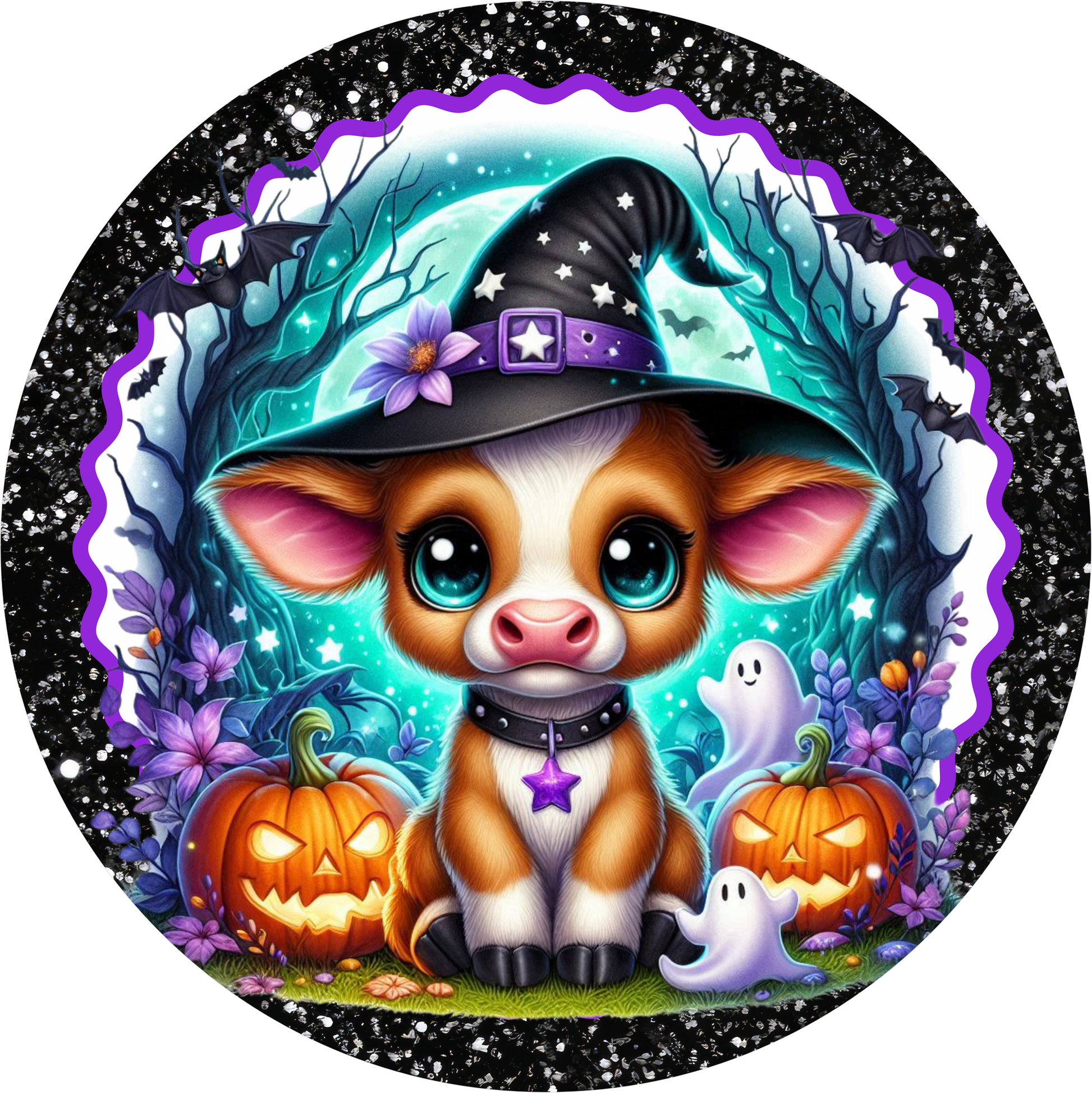 Baby Witch Cow Aqua Black Round Wreath Sign