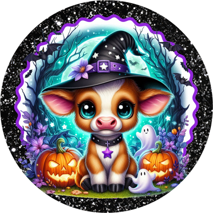 Baby Witch Cow Aqua Black Round Wreath Sign