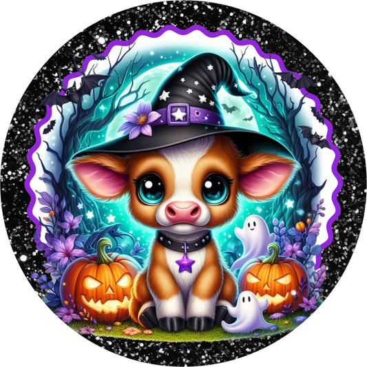 Baby Witch Cow Aqua Black Round Wreath Sign