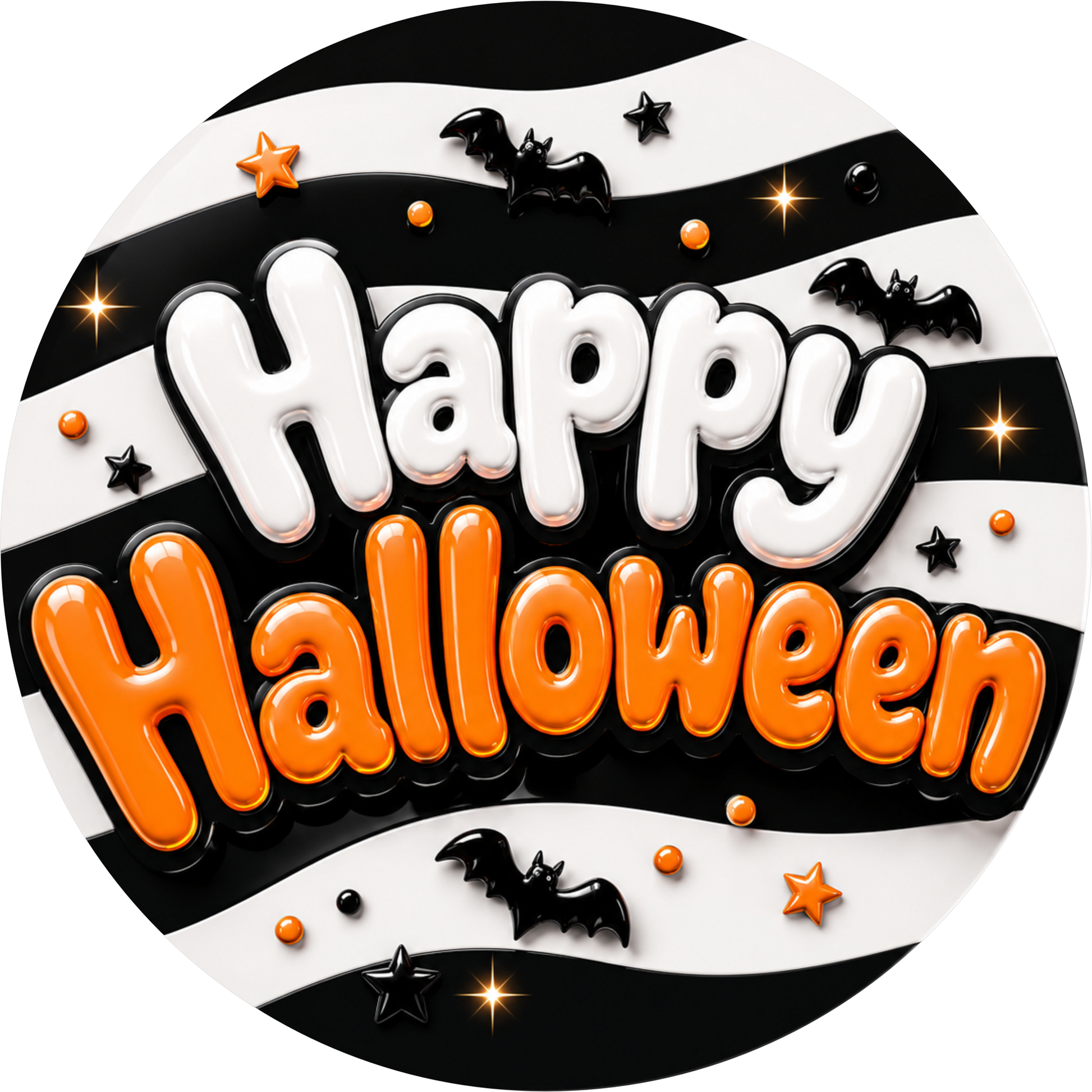 Black White Orange Happy Halloween Bats Round Wreath Sign