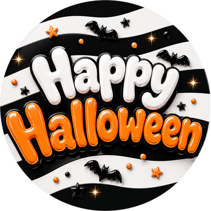 Black White Orange Happy Halloween Bats Round Wreath Sign