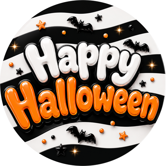Black White Orange Happy Halloween Bats Round Wreath Sign
