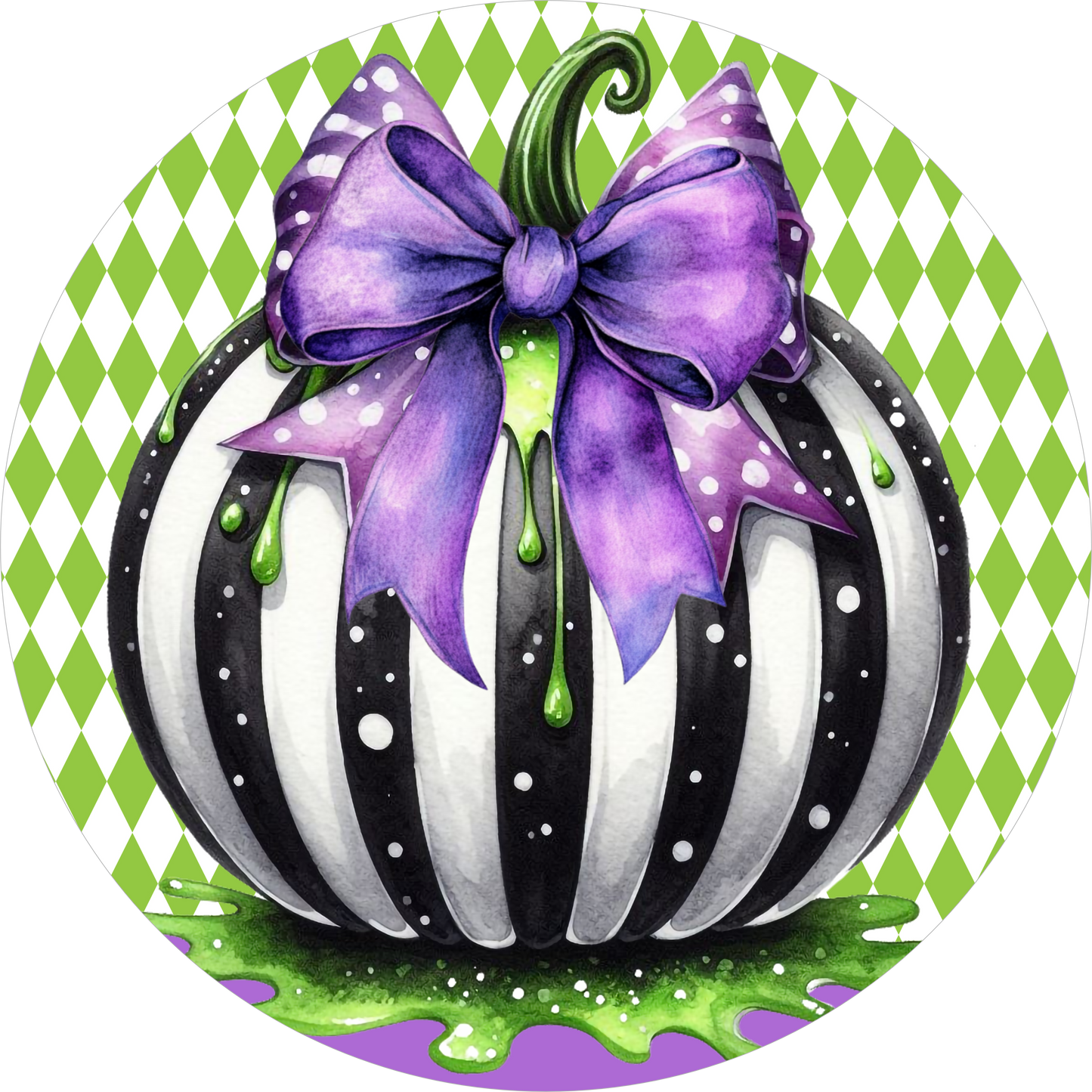 Black White Stripe Pumpkin Purple Bow Green Harlequin Round Wreath Sign