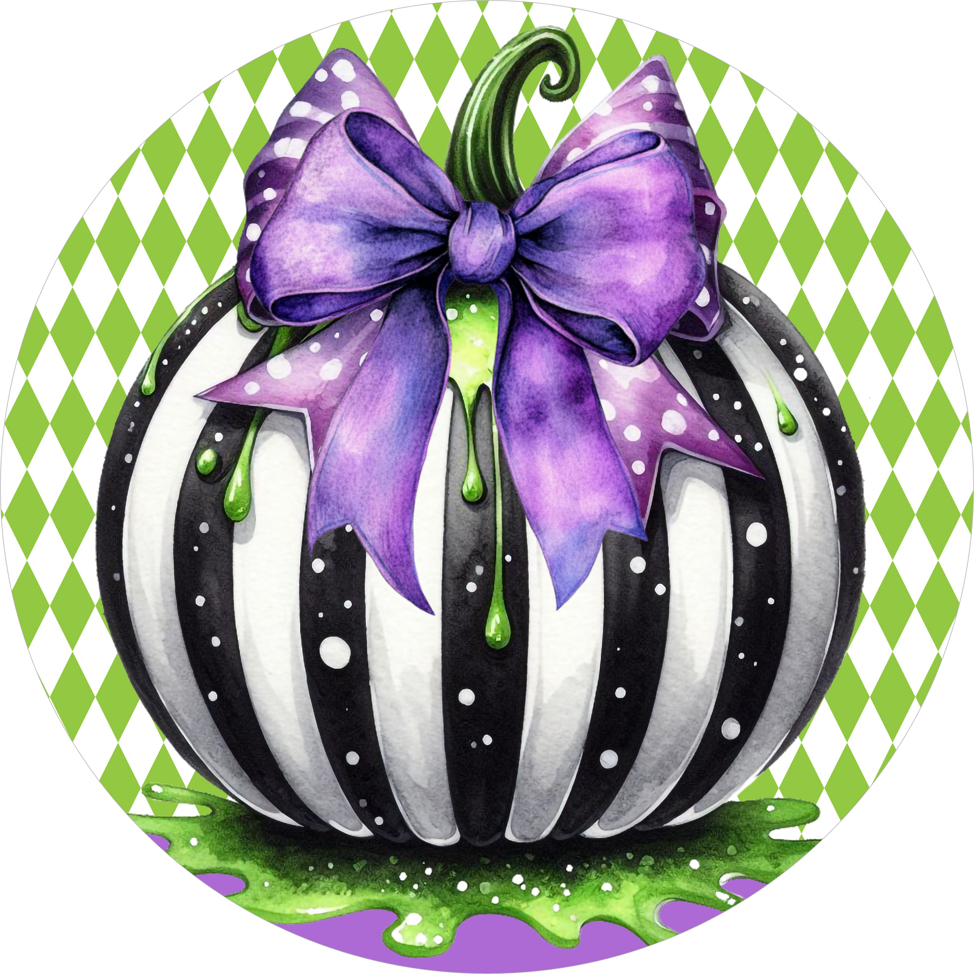 Black White Stripe Pumpkin Purple Bow Green Harlequin Round Wreath Sign