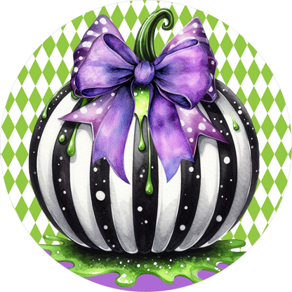 Black White Stripe Pumpkin Purple Bow Green Harlequin Round Wreath Sign