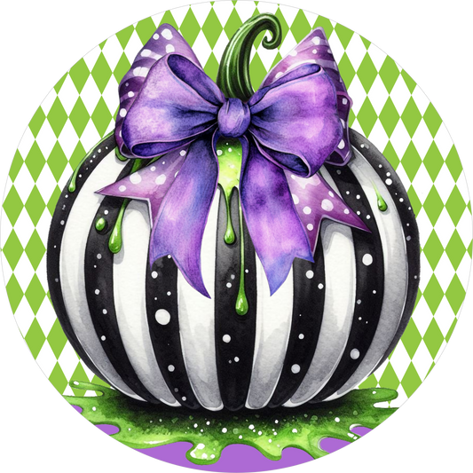 Black White Stripe Pumpkin Purple Bow Green Harlequin Round Wreath Sign