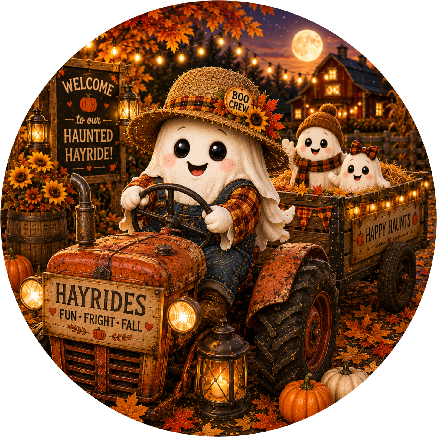 Ghost Driving Hay Rides Round Wreath Sign