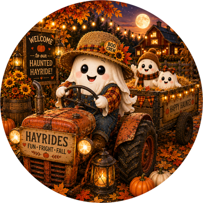 Ghost Driving Hay Rides Round Wreath Sign