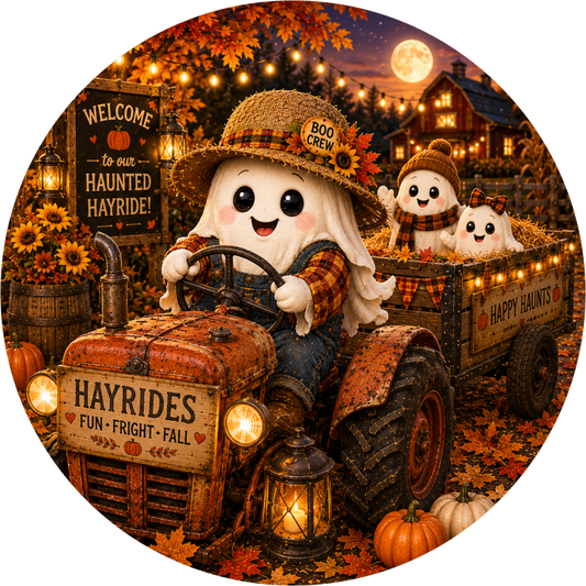 Ghost Driving Hay Rides Round Wreath Sign