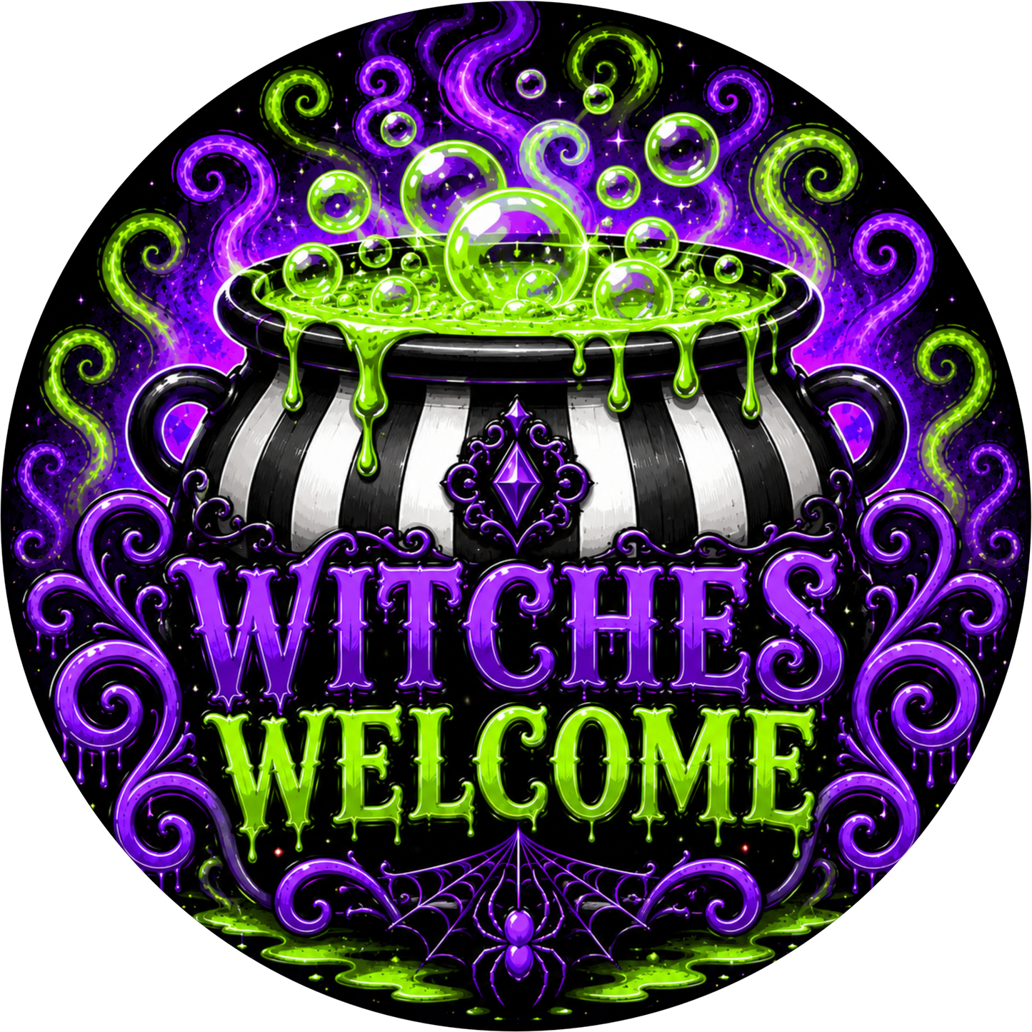 Green Purple Black Witches Welcome Cauldron Round Wreath Sign