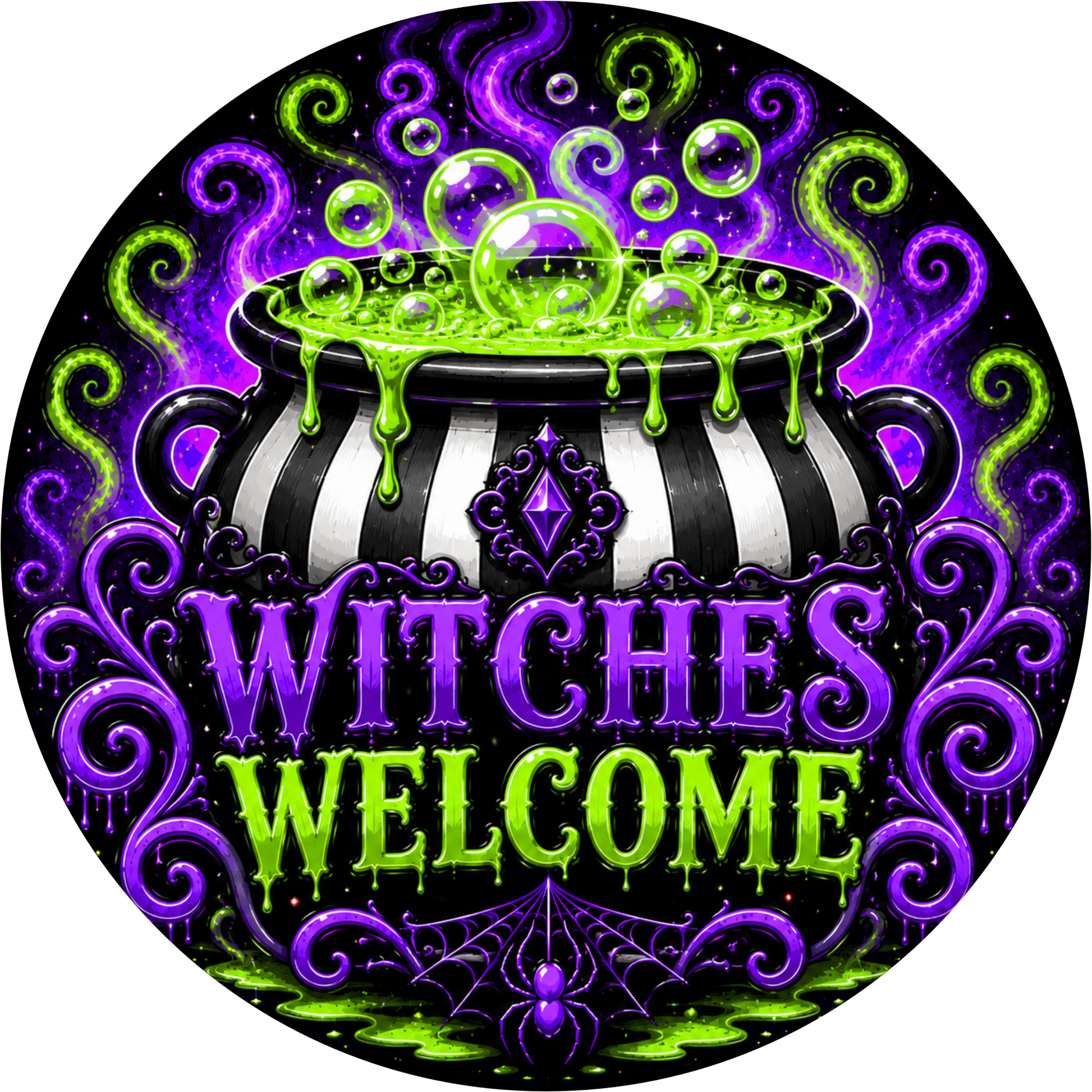 Green Purple Black Witches Welcome Cauldron Round Wreath Sign