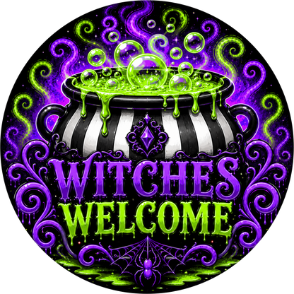 Green Purple Black Witches Welcome Cauldron Round Wreath Sign