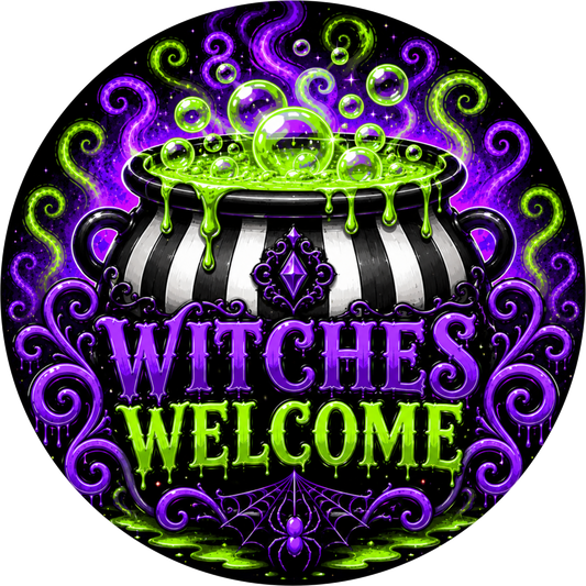 Green Purple Black Witches Welcome Cauldron Round Wreath Sign