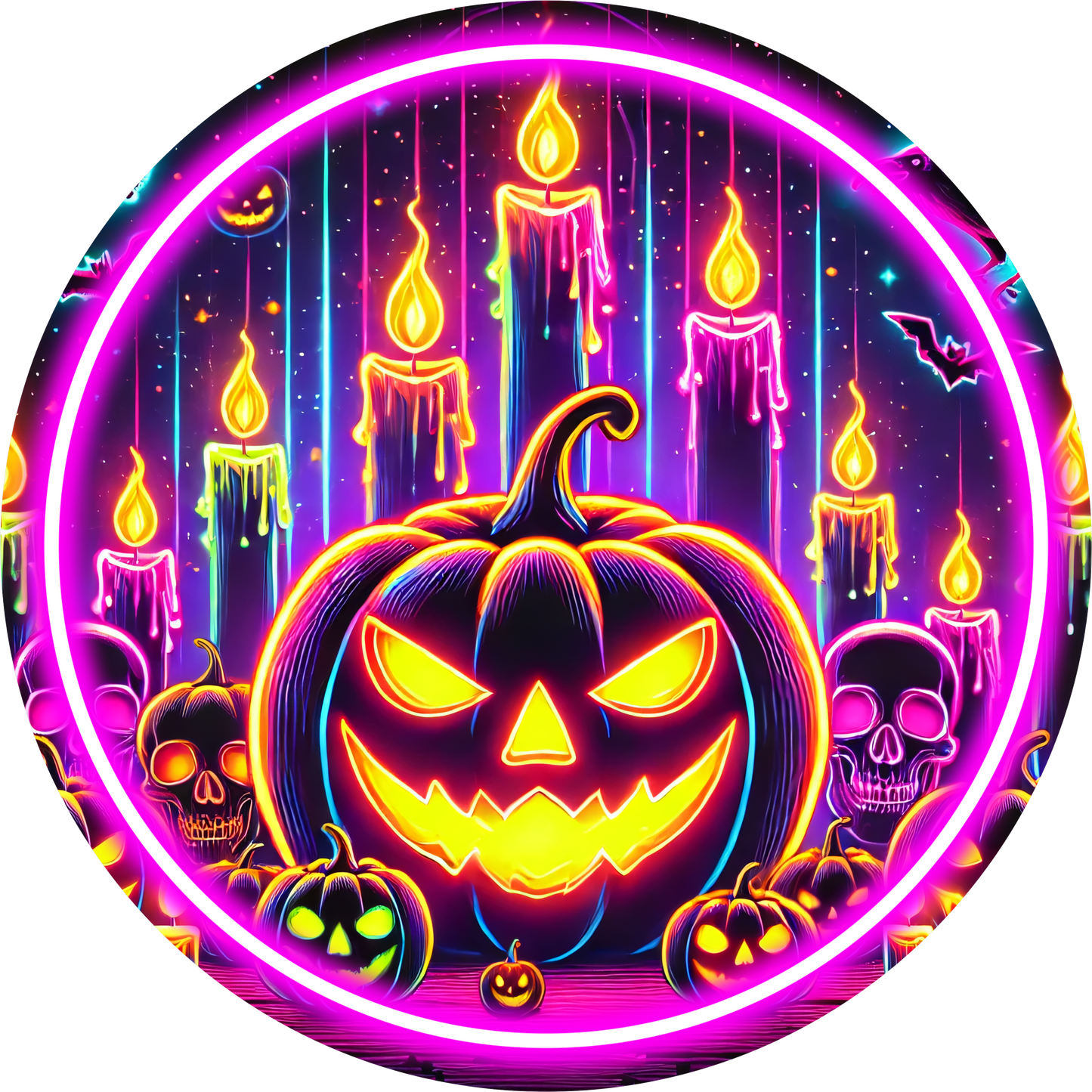 Jack O'Lantern Florescent Candles Round Wreath Sign