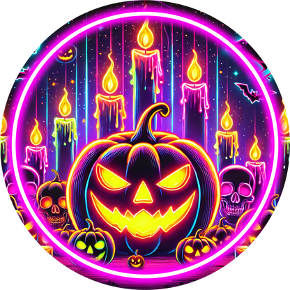 Jack O'Lantern Florescent Candles Round Wreath Sign