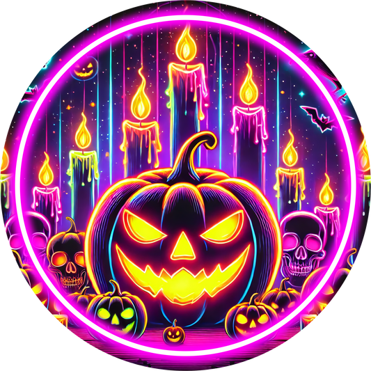 Jack O'Lantern Florescent Candles Round Wreath Sign