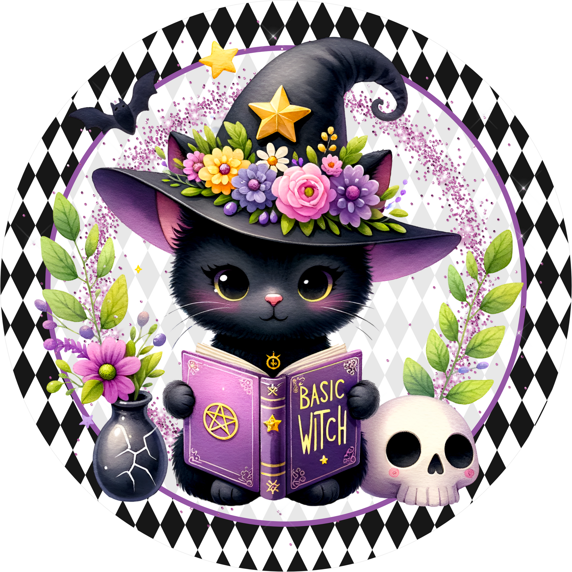 Kitty Witch Hat Harlequin Round Wreath Sign