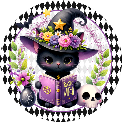 Kitty Witch Hat Harlequin Round Wreath Sign