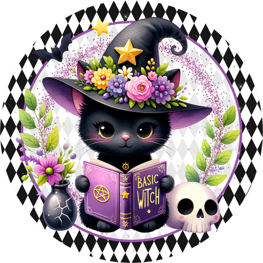 Kitty Witch Hat Harlequin Round Wreath Sign