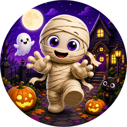 Mummy Running Pumpkin Round Wreath Sign