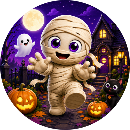 Mummy Running Pumpkin Round Wreath Sign
