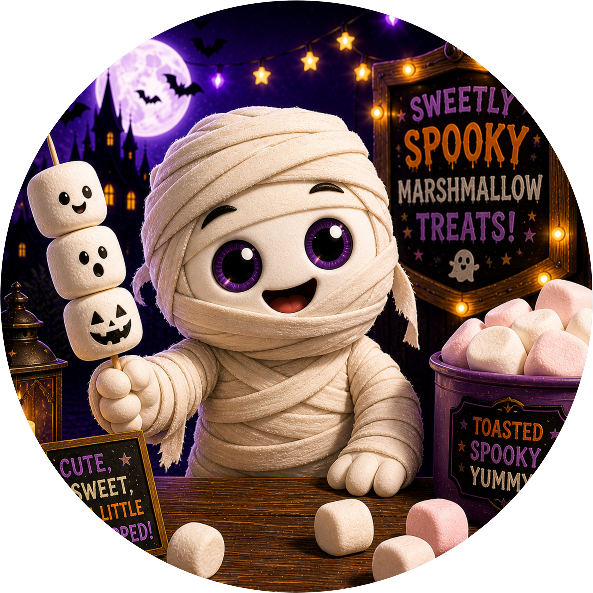 Mummy with Marshmallows Round Wreath Sign