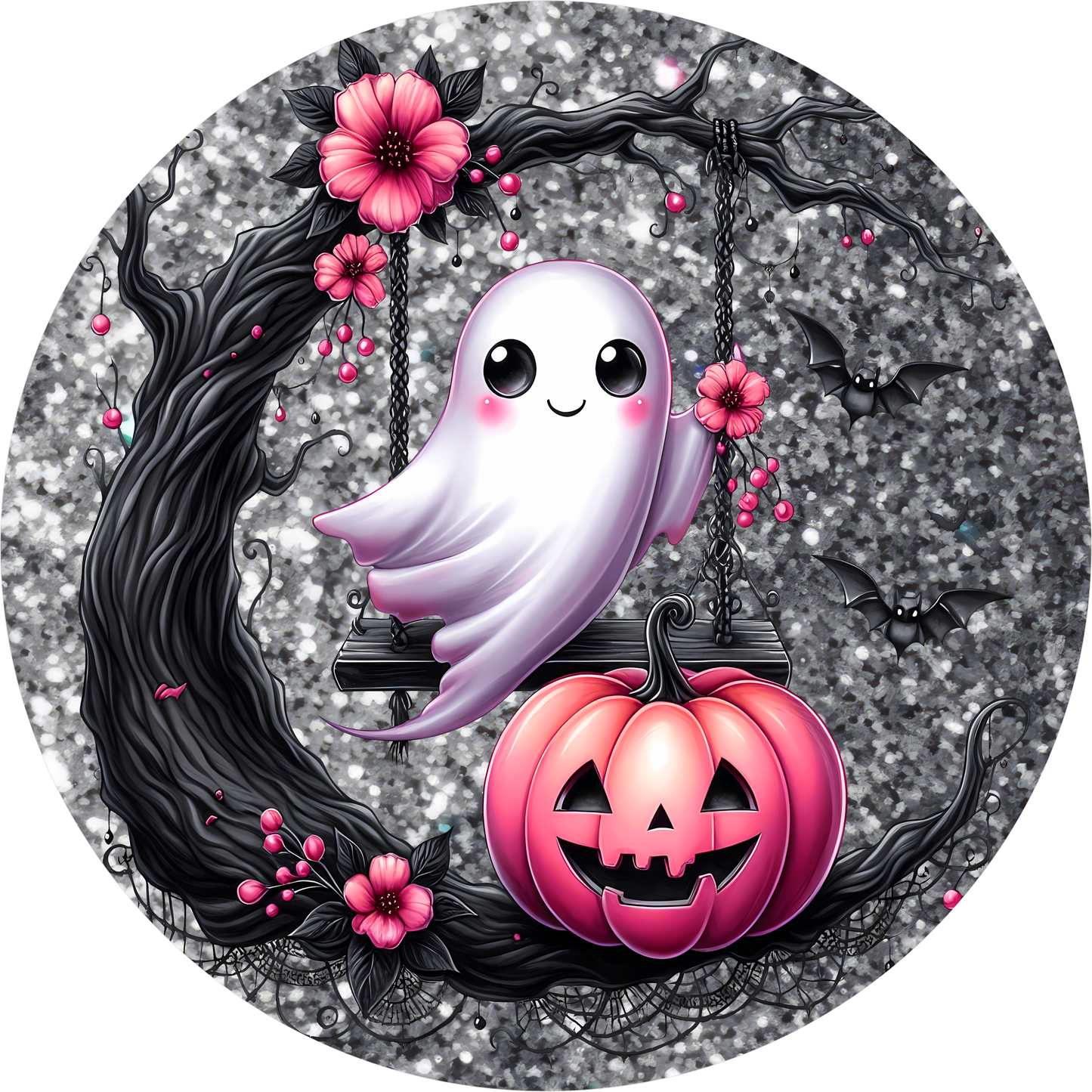 Pink Ghost Pumpkin Round Wreath Sign