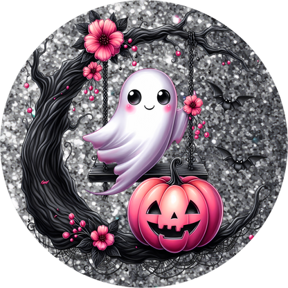 Pink Ghost Pumpkin Round Wreath Sign