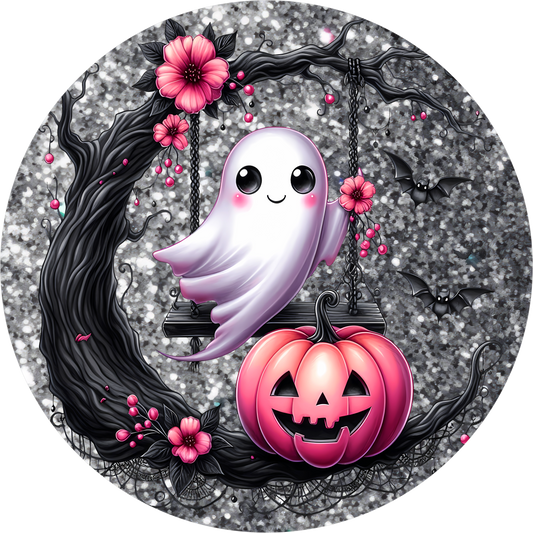 Pink Ghost Pumpkin Round Wreath Sign