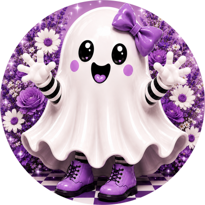 Purple Background Ghost Bow Breathe Round Wreath Sign