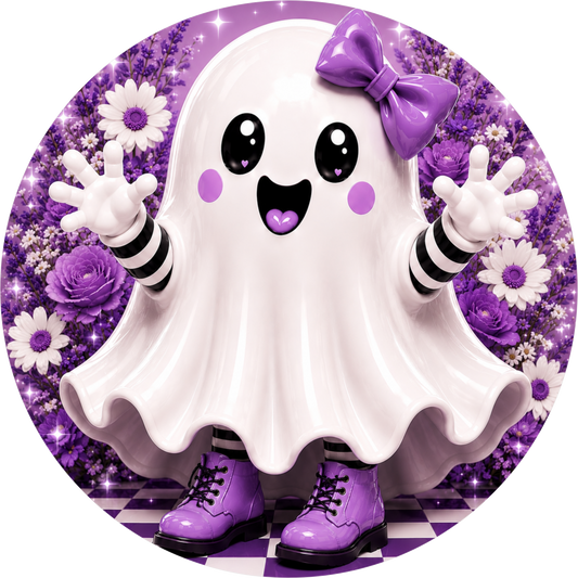 Purple Background Ghost Bow Breathe Round Wreath Sign