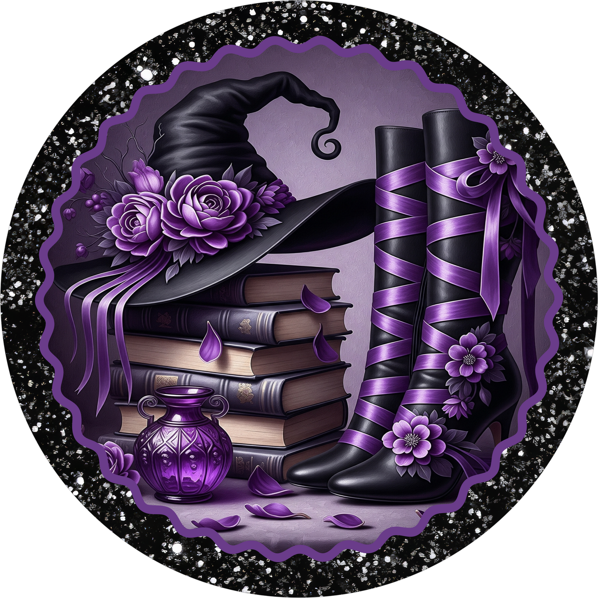 Purple Witch Boots Witch Hat Books Round Wreath Sign