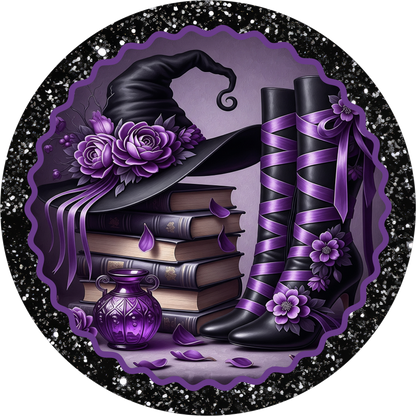 Purple Witch Boots Witch Hat Books Round Wreath Sign