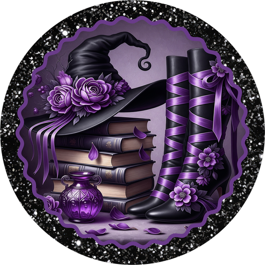 Purple Witch Boots Witch Hat Books Round Wreath Sign