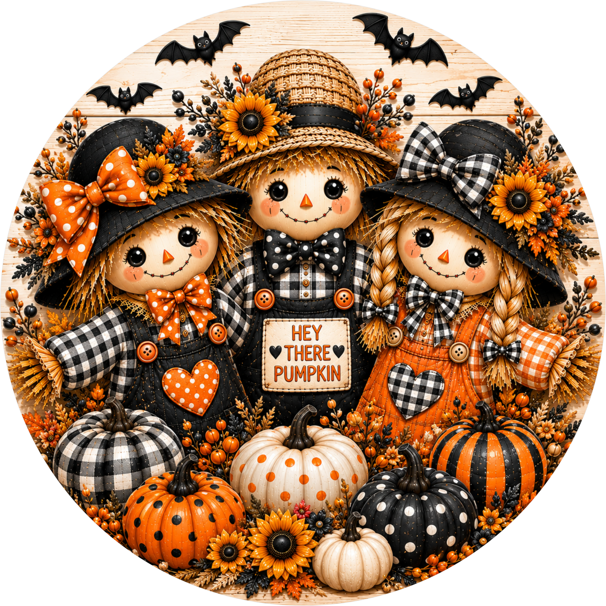 Scarecrow Trio Bats Pumpkin Round Wreath Sign