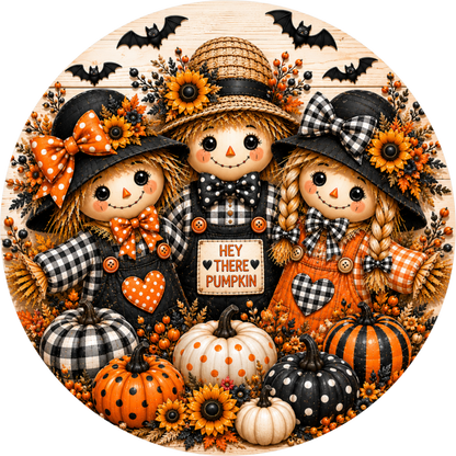 Scarecrow Trio Bats Pumpkin Round Wreath Sign
