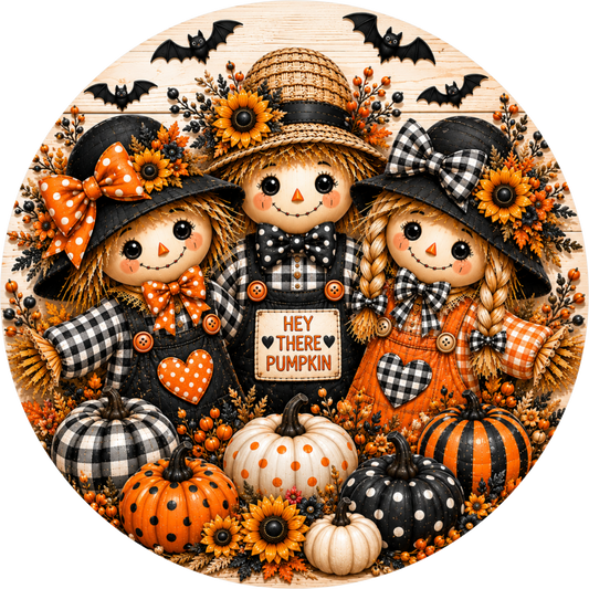 Scarecrow Trio Bats Pumpkin Round Wreath Sign