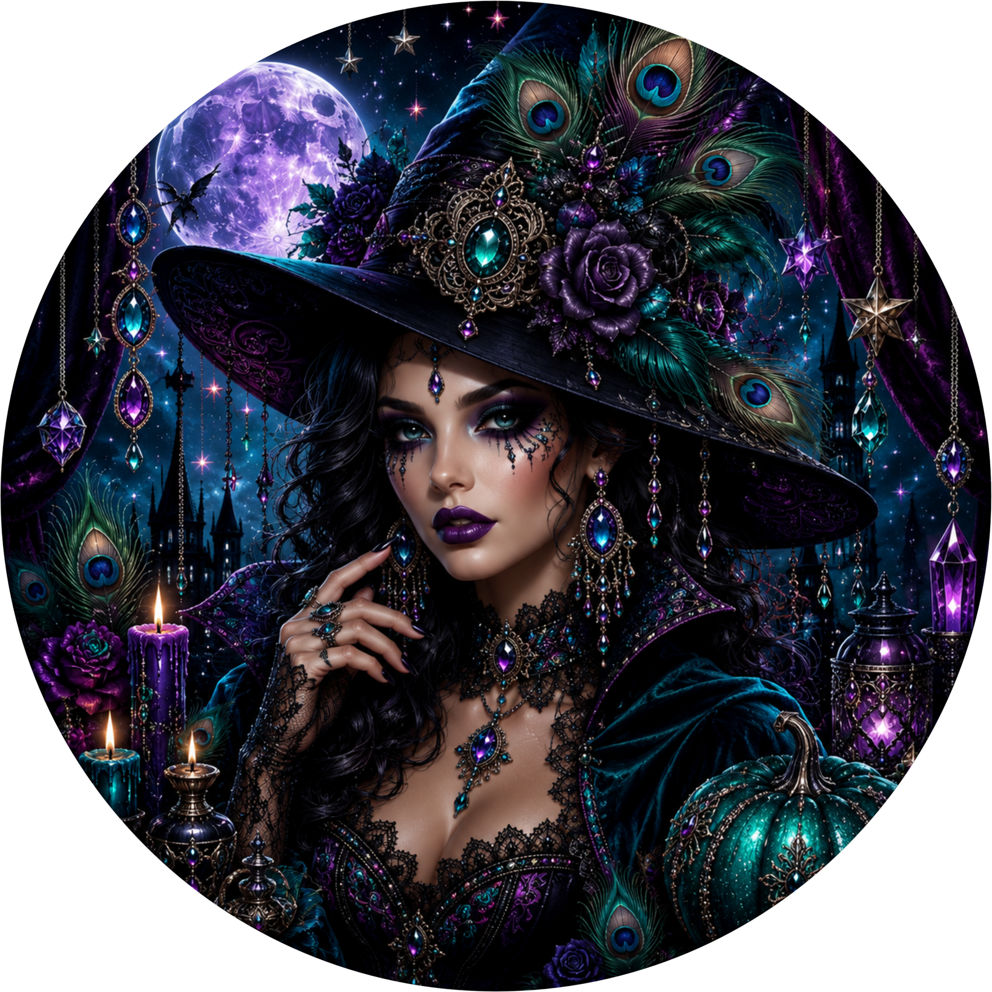 Teal Purple Witch Round Wreath Sign