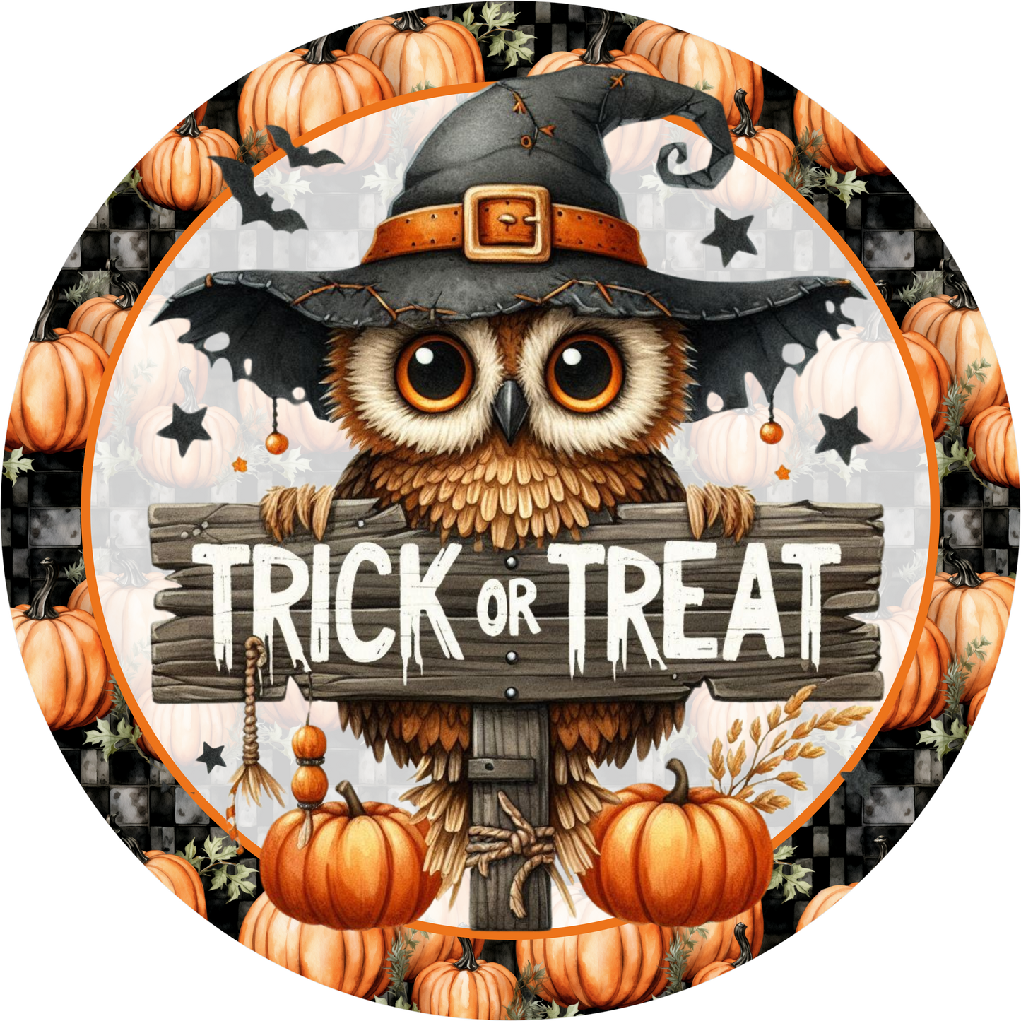 Trick or Treat Owl Witch Round Wreath Sign