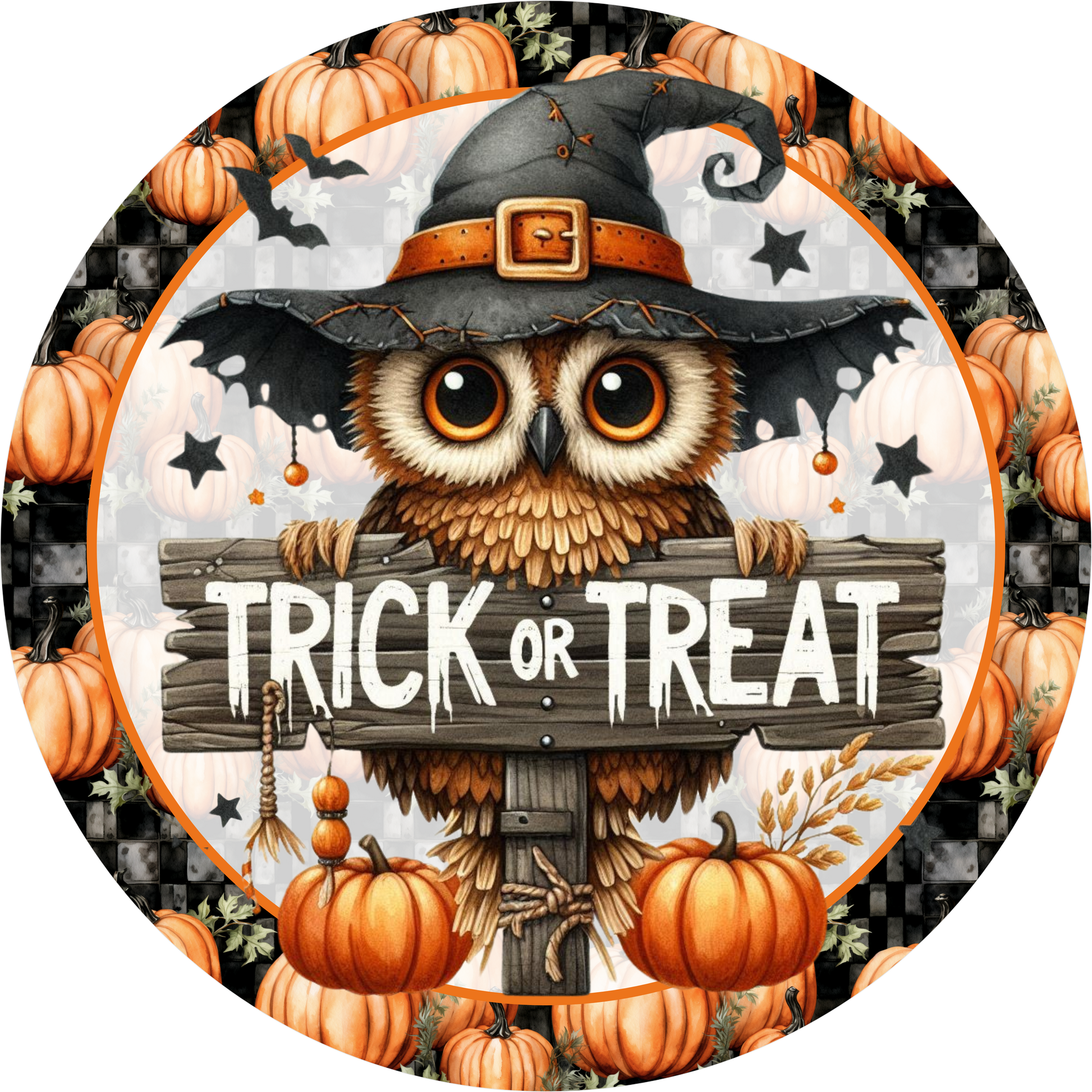 Trick or Treat Owl Witch Round Wreath Sign