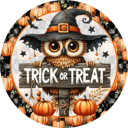 Trick or Treat Owl Witch Round Wreath Sign