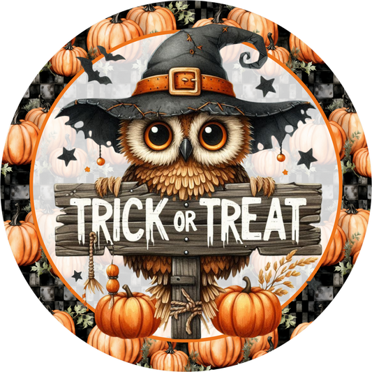 Trick or Treat Owl Witch Round Wreath Sign