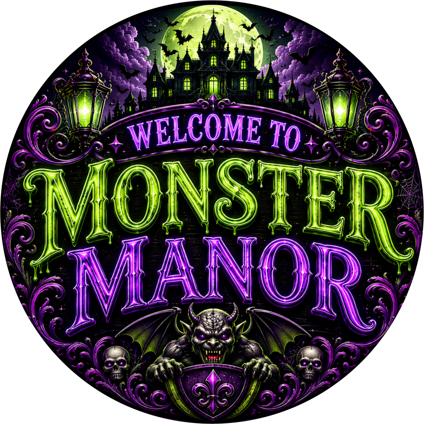 Welcome to Monster Manor Round Wreath Sign