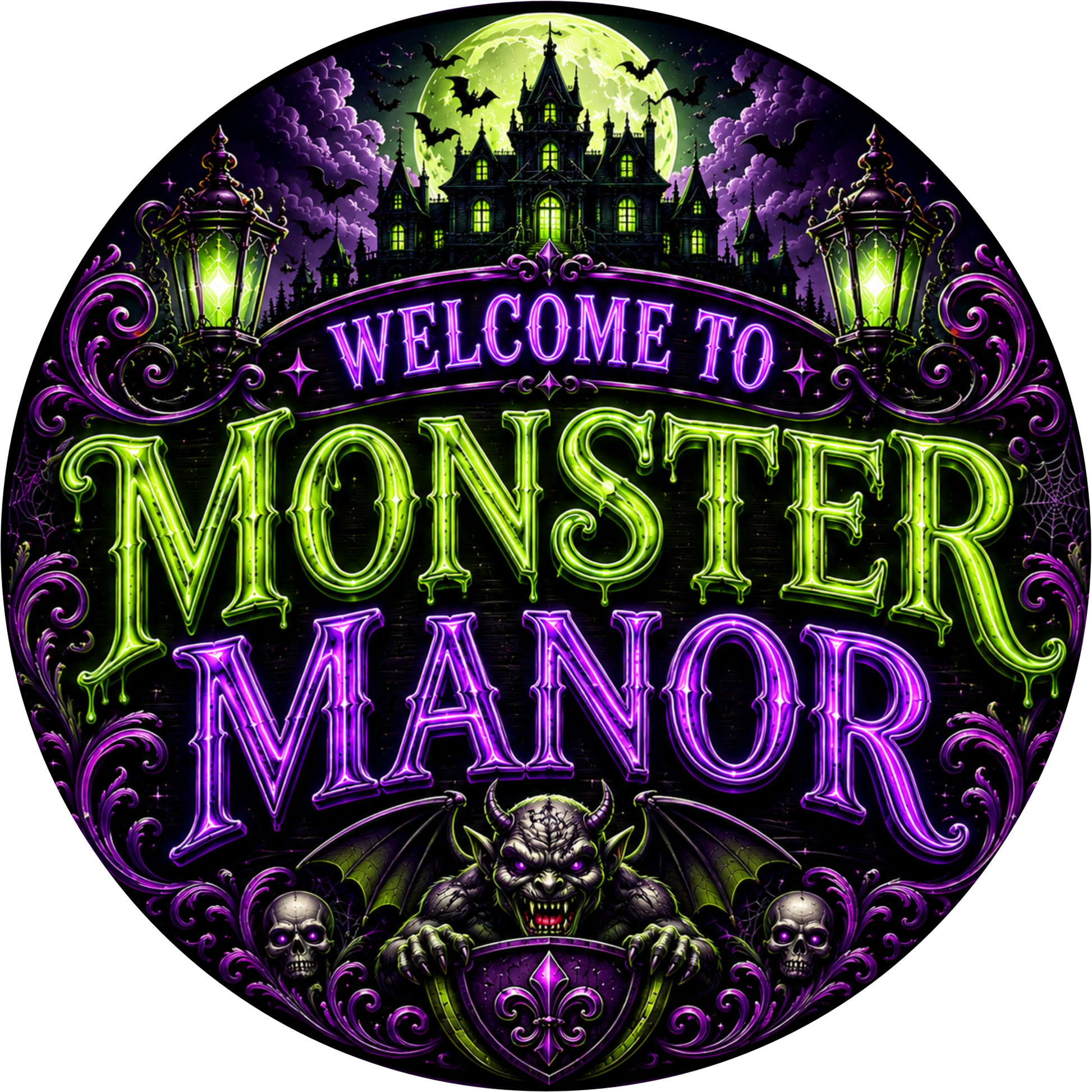 Welcome to Monster Manor Round Wreath Sign