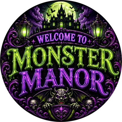 Welcome to Monster Manor Round Wreath Sign