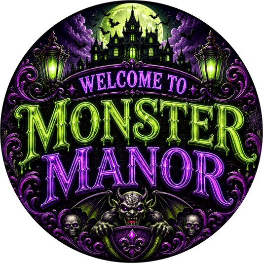 Welcome to Monster Manor Round Wreath Sign