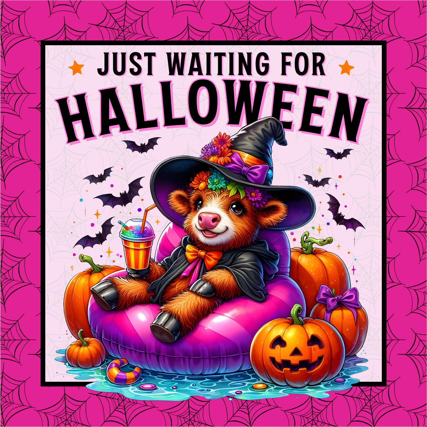 Just Waiting for Halloween Cow Witches Hat Square Wreath Sign