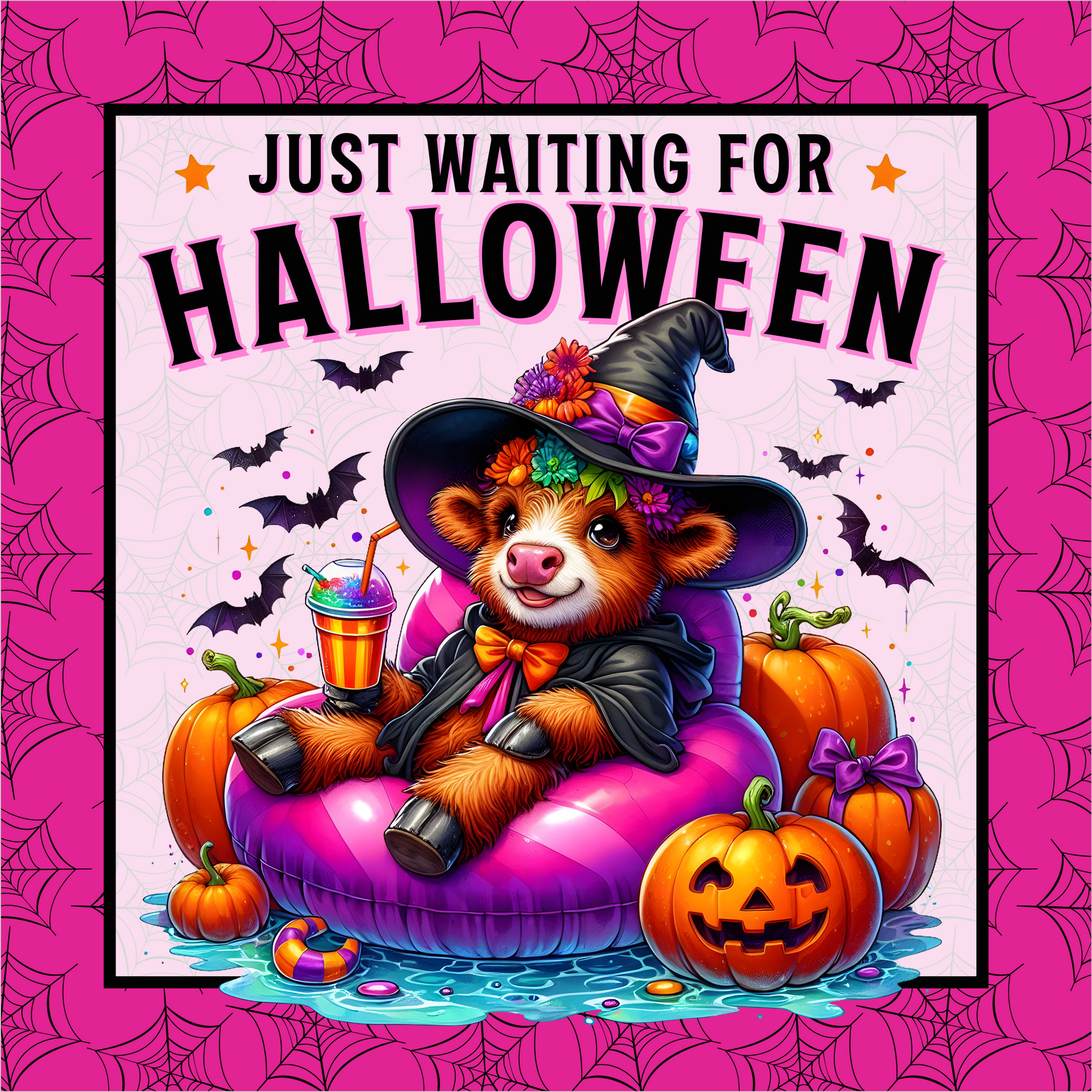 Just Waiting for Halloween Cow Witches Hat Square Wreath Sign