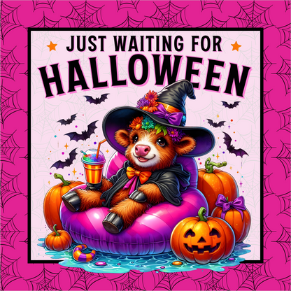 Just Waiting for Halloween Cow Witches Hat Square Wreath Sign