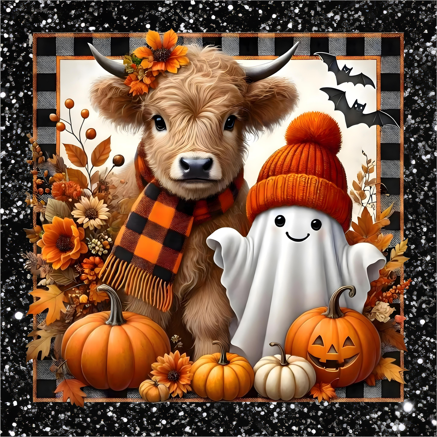 Highland Cow with Ghost Pumpkins Square Wreath Sign